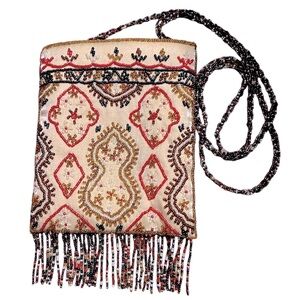 J&X NY vintage beaded bag neutral tones fringe boho special occasion EUC
